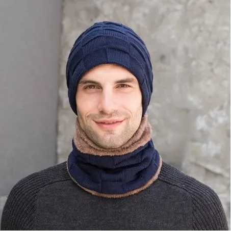 Blocks design men's winter knitted hat scarf two piece set (2)