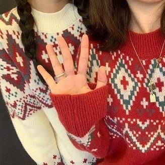 Long Sleeve Color Contrast Christmas Style Large Knitted Christmas Sweater