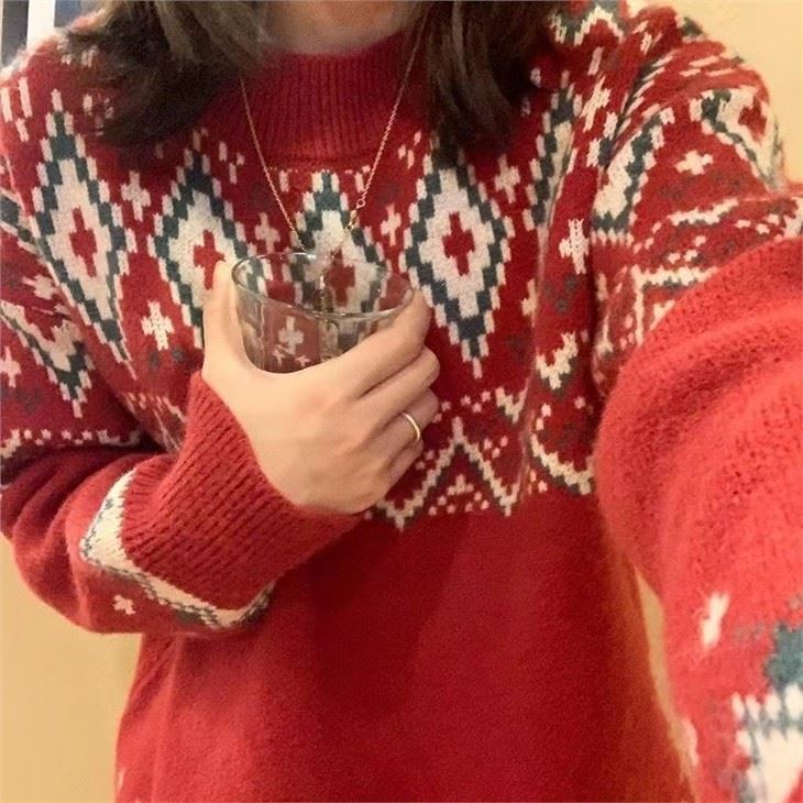 Long Sleeve Color Contrast Christmas Style Large Knitted Christmas Sweater